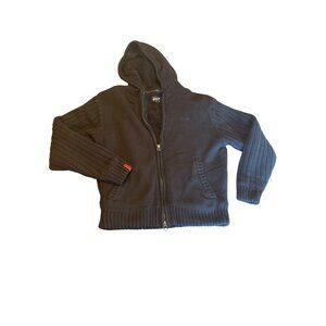 Schott N.Y.C. Black Hooded Zip Sweater Jacket Sherpa Lining Ribbed Sleeves Small